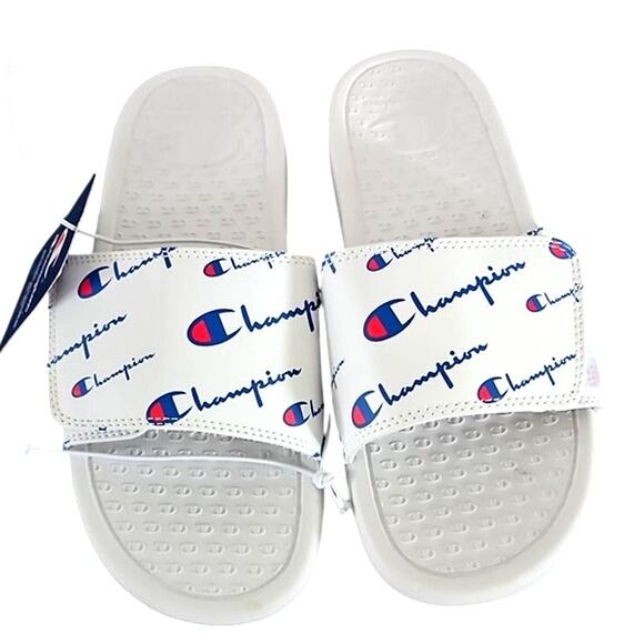 Champion White Slide Sandals Logo Print Women’s Size 8 / Men’s Size 6 NWT - Picture 1 of 4